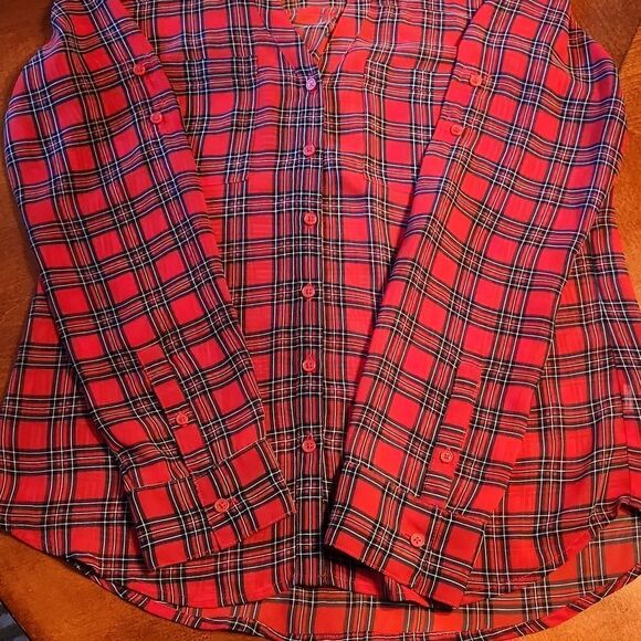 Express Portifino Sheer Long Sleeve Button Down Shirt Small Red & Black Plaid - Picture 8 of 8